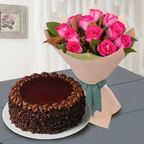 Online yummy black forest cake and bouquet of red rose to Bangalore,  Express Delivery - redblooms