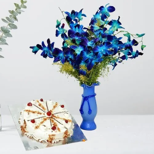 Three Tire wedding Cake with Blue Orchid Flower Decoration